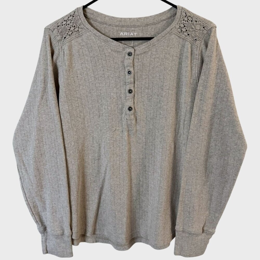 Ariat Pointelle Crochet Lace Henley Shirt Top Oatmeal Women's Medium 100% Cotton